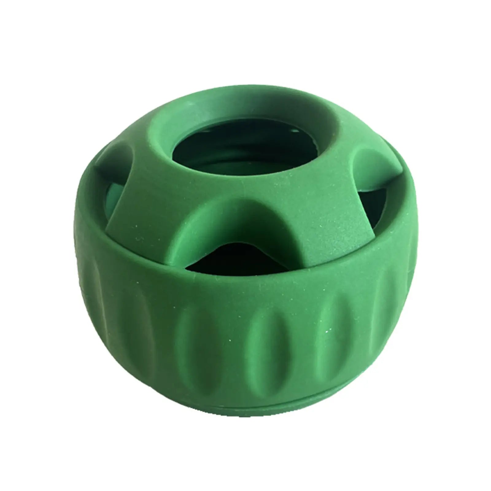 Green silicone hand grip exerciser with textured ribbed exterior and finger cutouts in dog silicone slow feeder ball and tray toy set