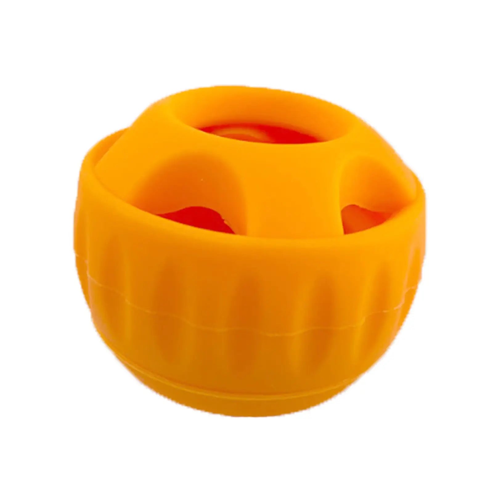 Bright orange silicone slow feeder ball with textured ridges and red interior for dog feeding enrichment