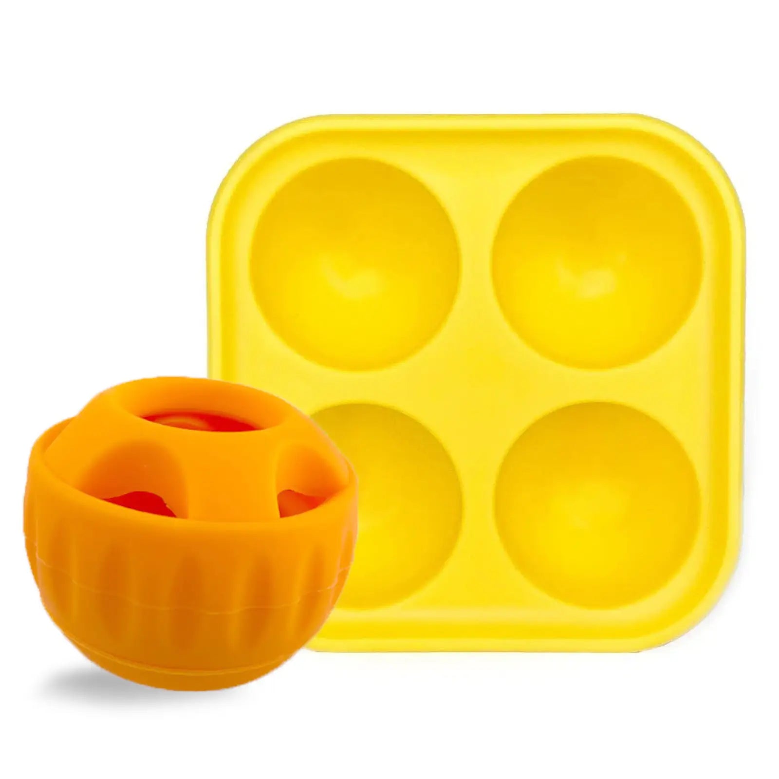 Yellow silicone dog slow feeder ball with matching orange spherical insert for interactive feeding and play