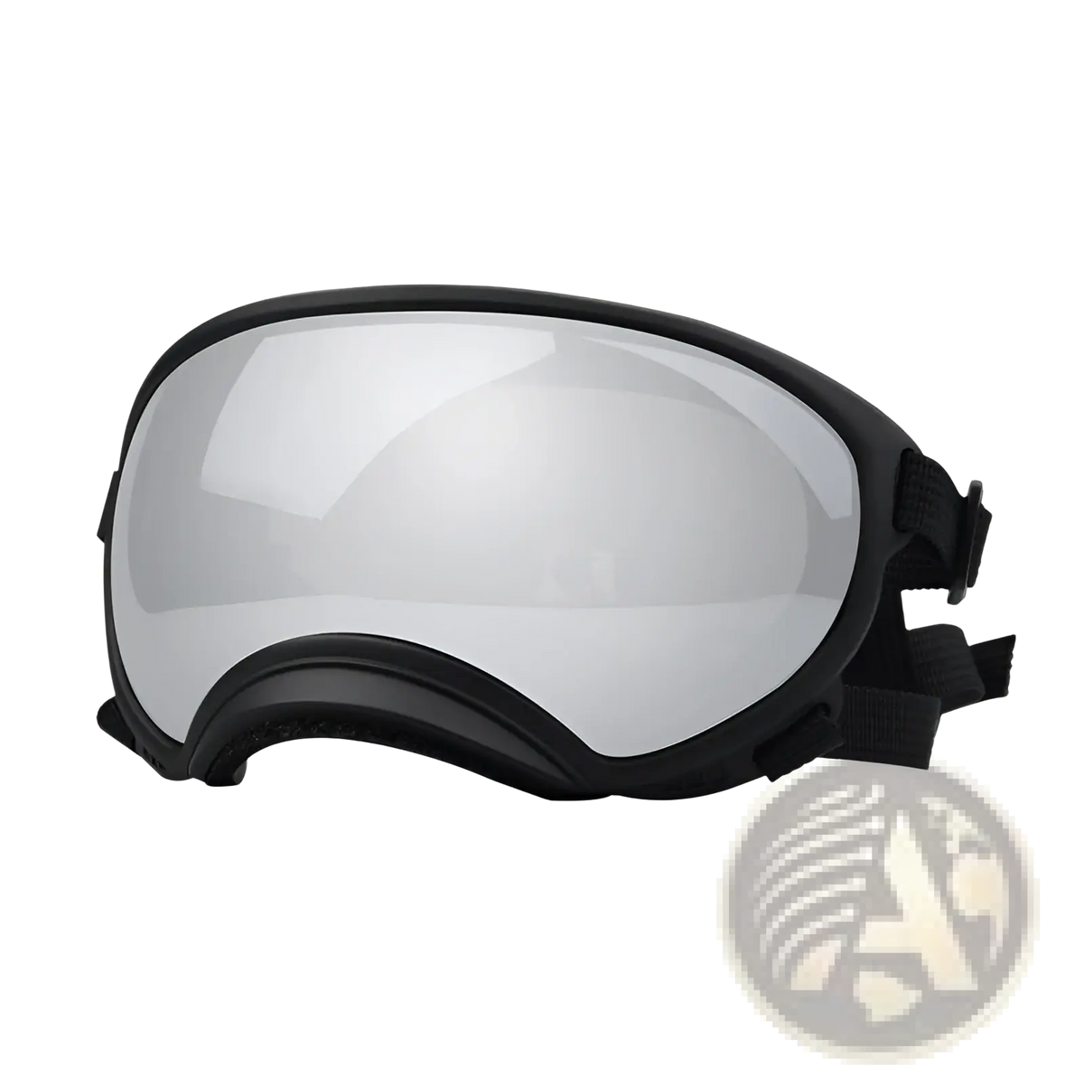 Black-framed dog ski goggles with reflective silver lens and adjustable black straps windproof anti fog pet eyewear