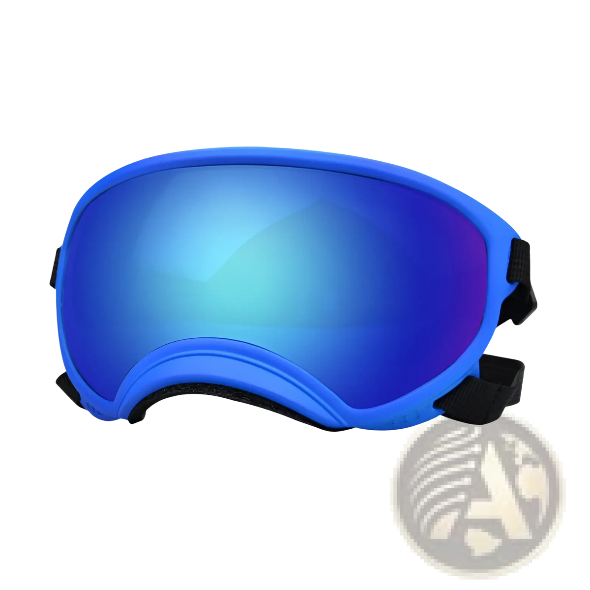 Blue dog ski goggles with reflective gradient lens and black adjustable straps for windproof and anti fog protection