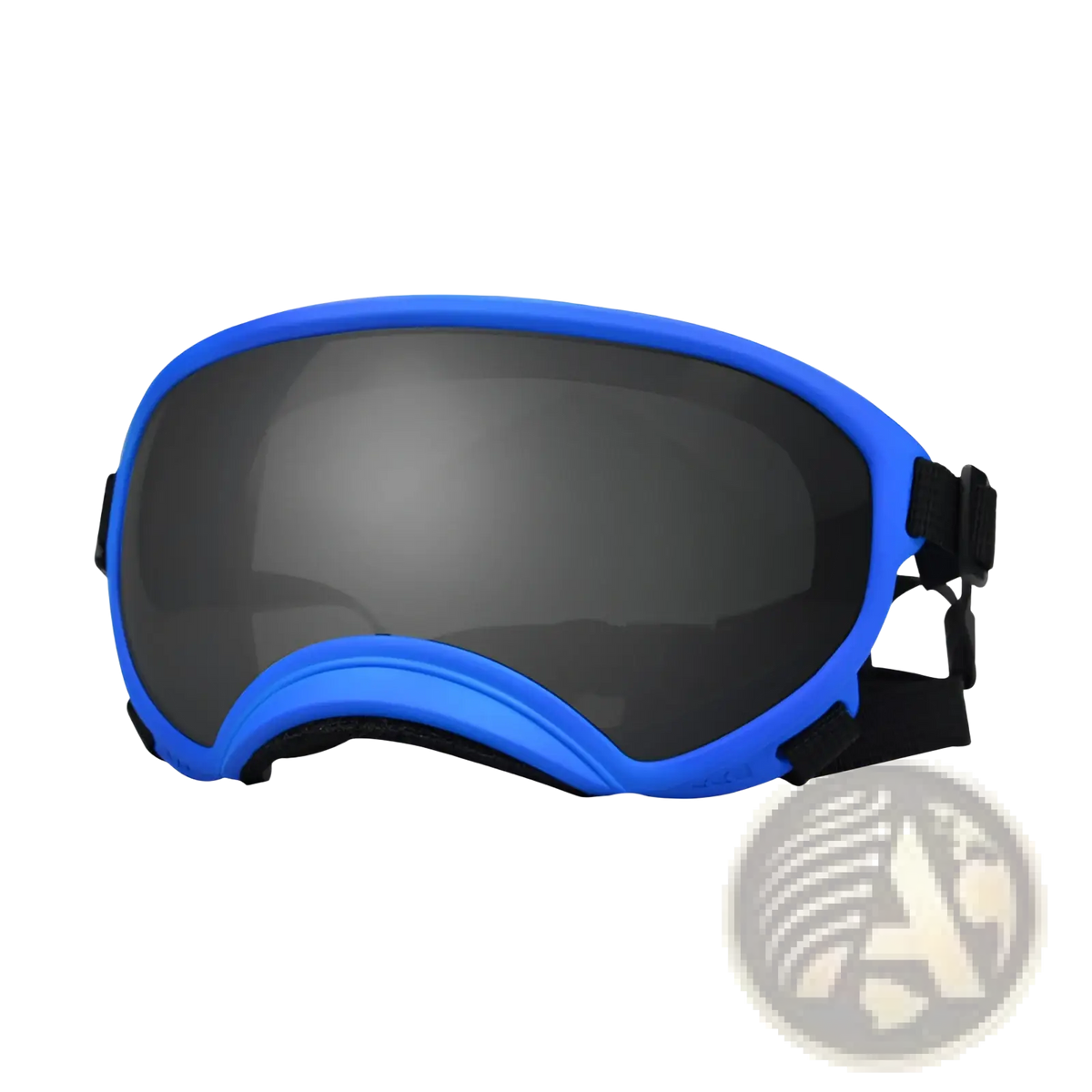 Blue dog ski goggles with dark gray mirrored lens and black adjustable straps offering windproof and anti fog protection