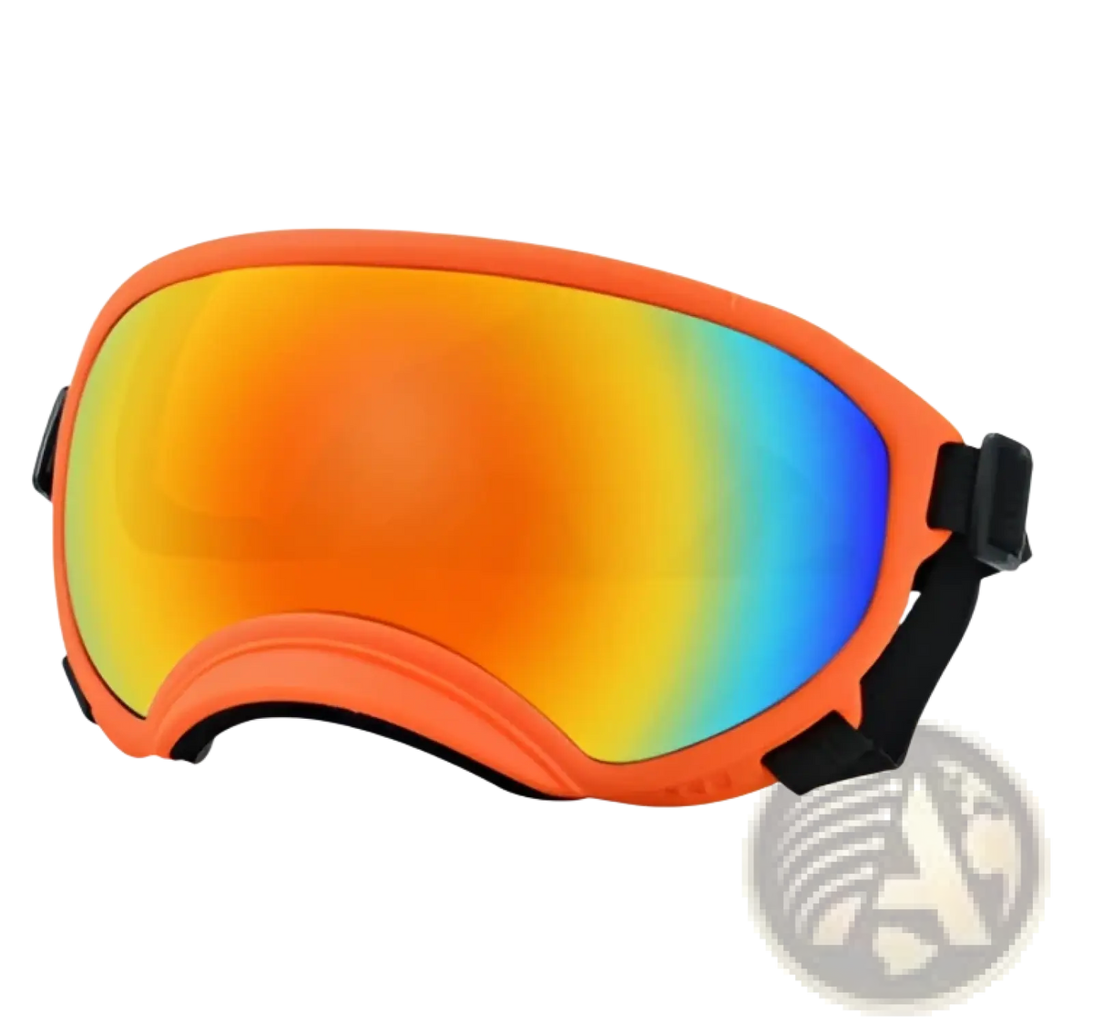 Orange dog ski goggles with reflective rainbow lens and black adjustable straps for windproof anti fog pet eyewear