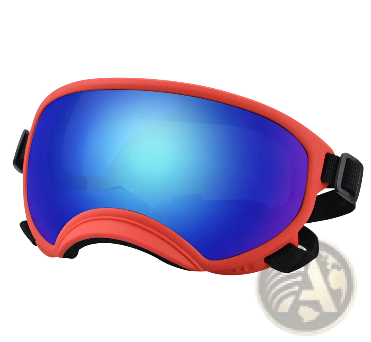 Red-framed dog ski goggles with reflective blue mirrored lens and black adjustable straps windproof and anti fog eyewear