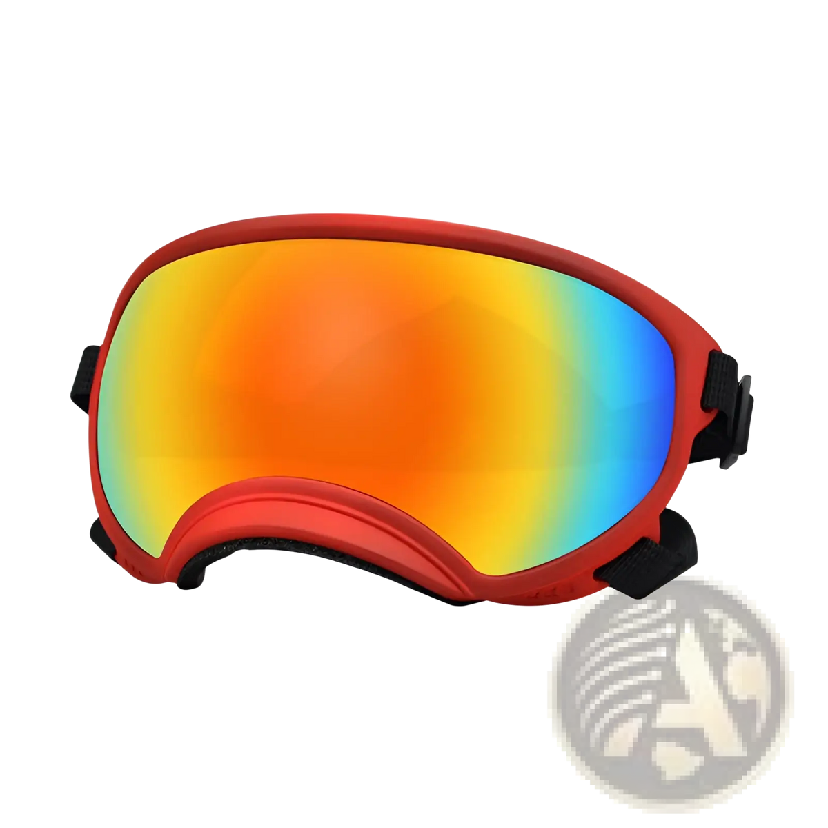 Red dog ski goggles with windproof anti fog gradient lens shifting from orange to blue for pet eyewear use
