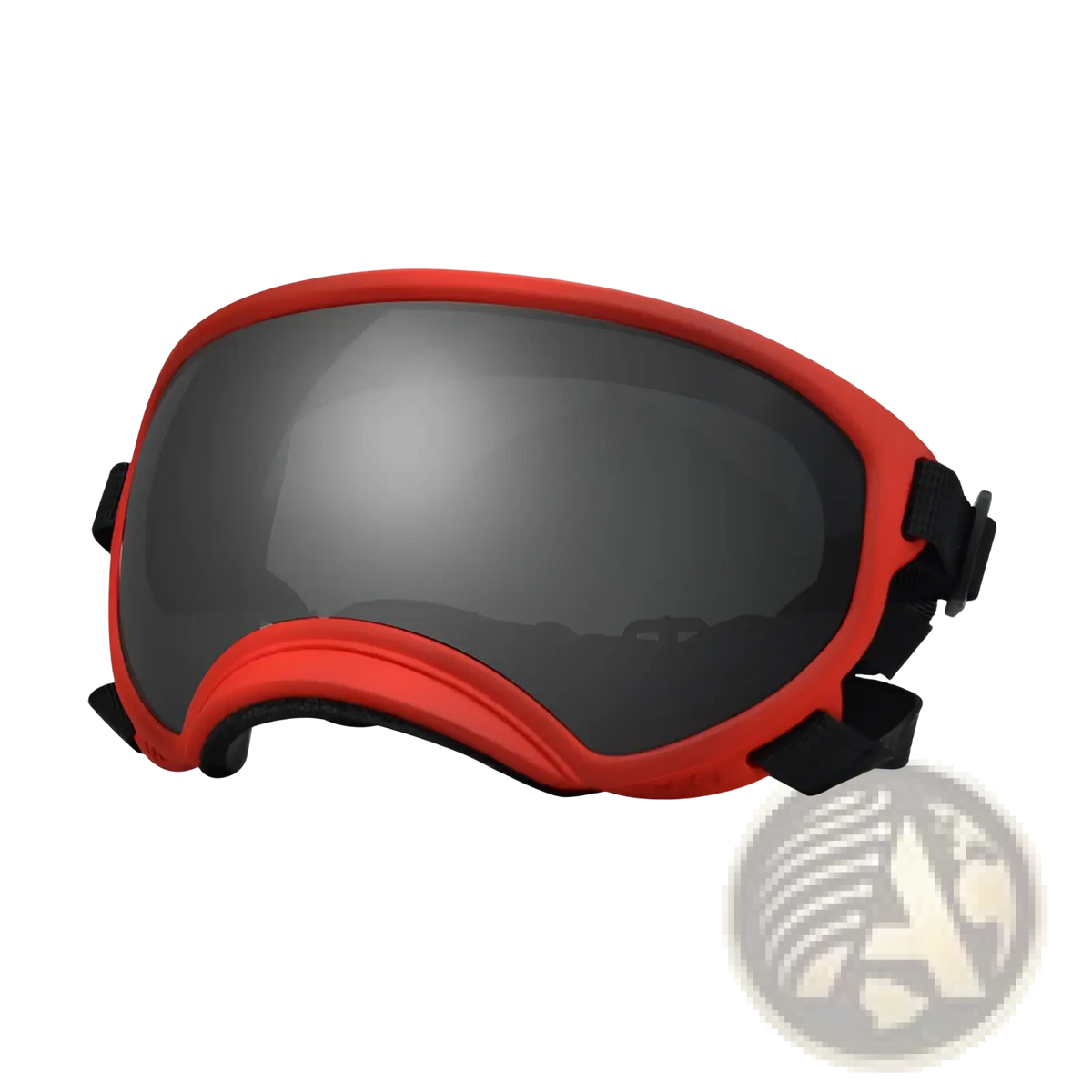 Red-framed dog ski goggles with dark reflective lens and black adjustable straps for windproof anti fog pet eyewear