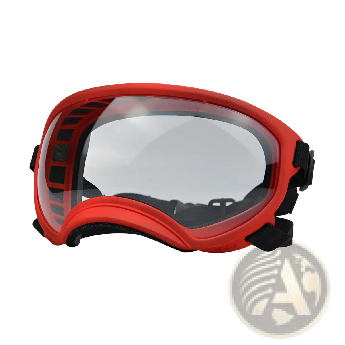 Red dog ski goggles with clear anti fog lens and black adjustable straps for windproof pet eyewear protection