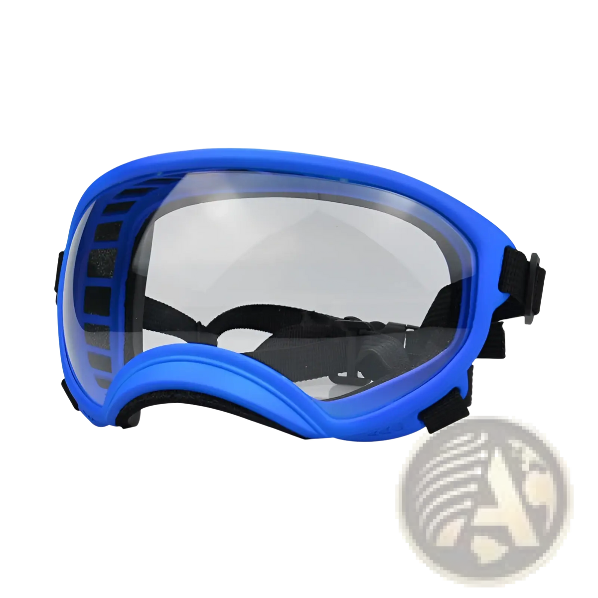 Blue dog ski goggles with clear lens and black adjustable straps designed for windproof and anti fog protection