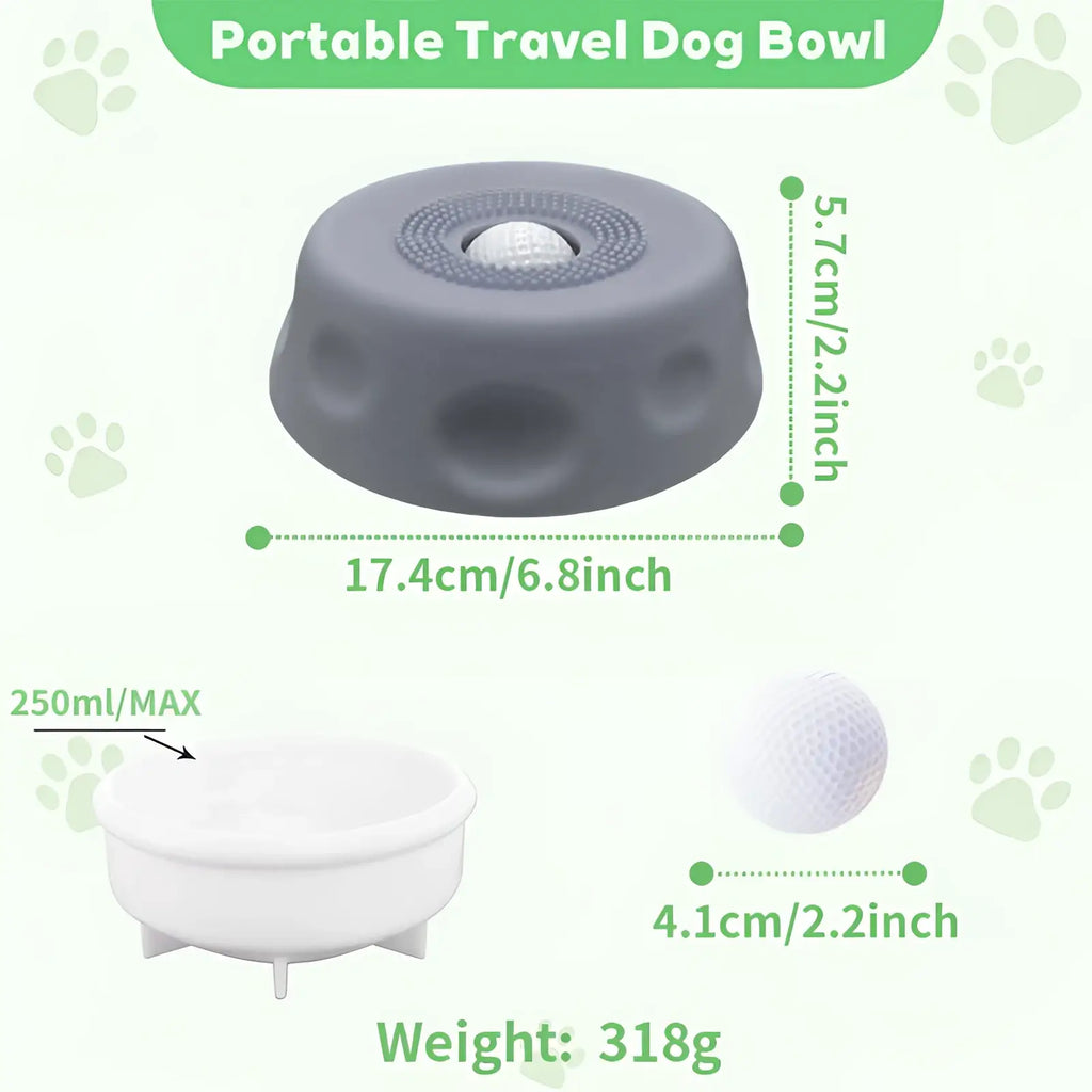 Gray round silicone dog slow feeder licking bowl with textured surface and white ball insert for travel use