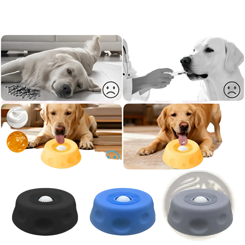 Yellow silicone dog slow feeder licking bowl with textured surface and central ball opening for treat dispensing