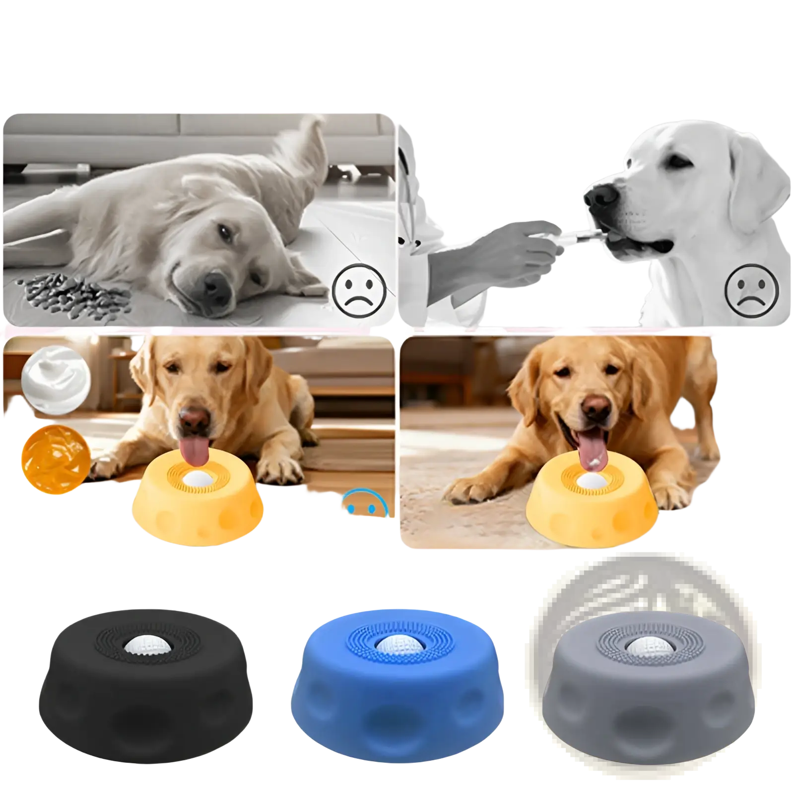 Yellow silicone dog slow feeder licking bowl with textured surface and central ball opening for treat dispensing