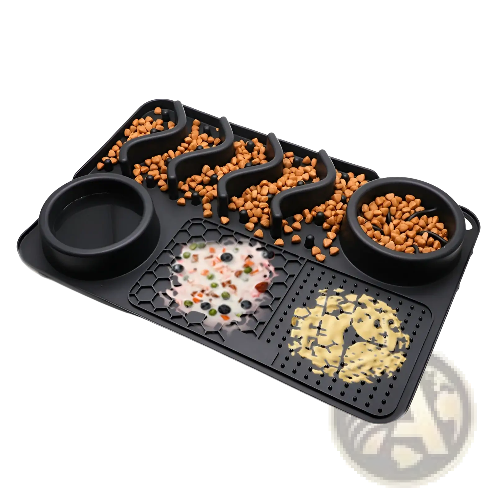 Black silicone dog slow feeder licking mat with maze design and multiple compartments to slow eating and feeding