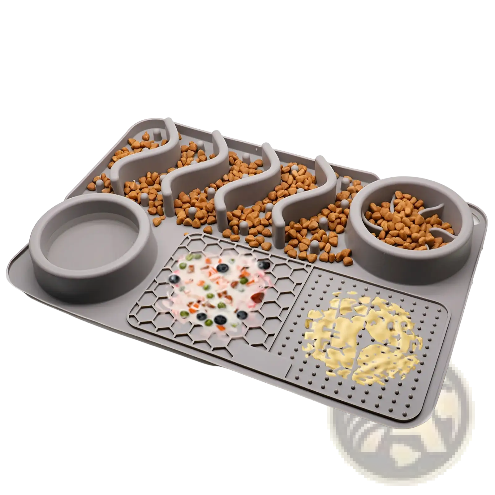 Gray silicone dog slow feeder licking mat with multiple compartments for kibble water and wet food feeding