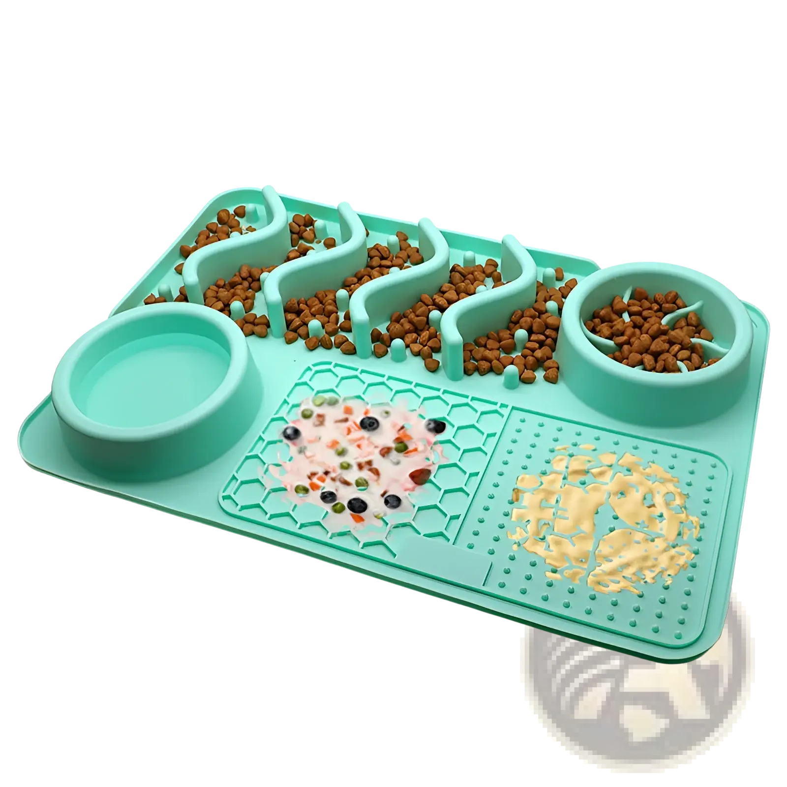 Mint green silicone dog slow feeder tray with multiple compartments for dry food wet food and treats