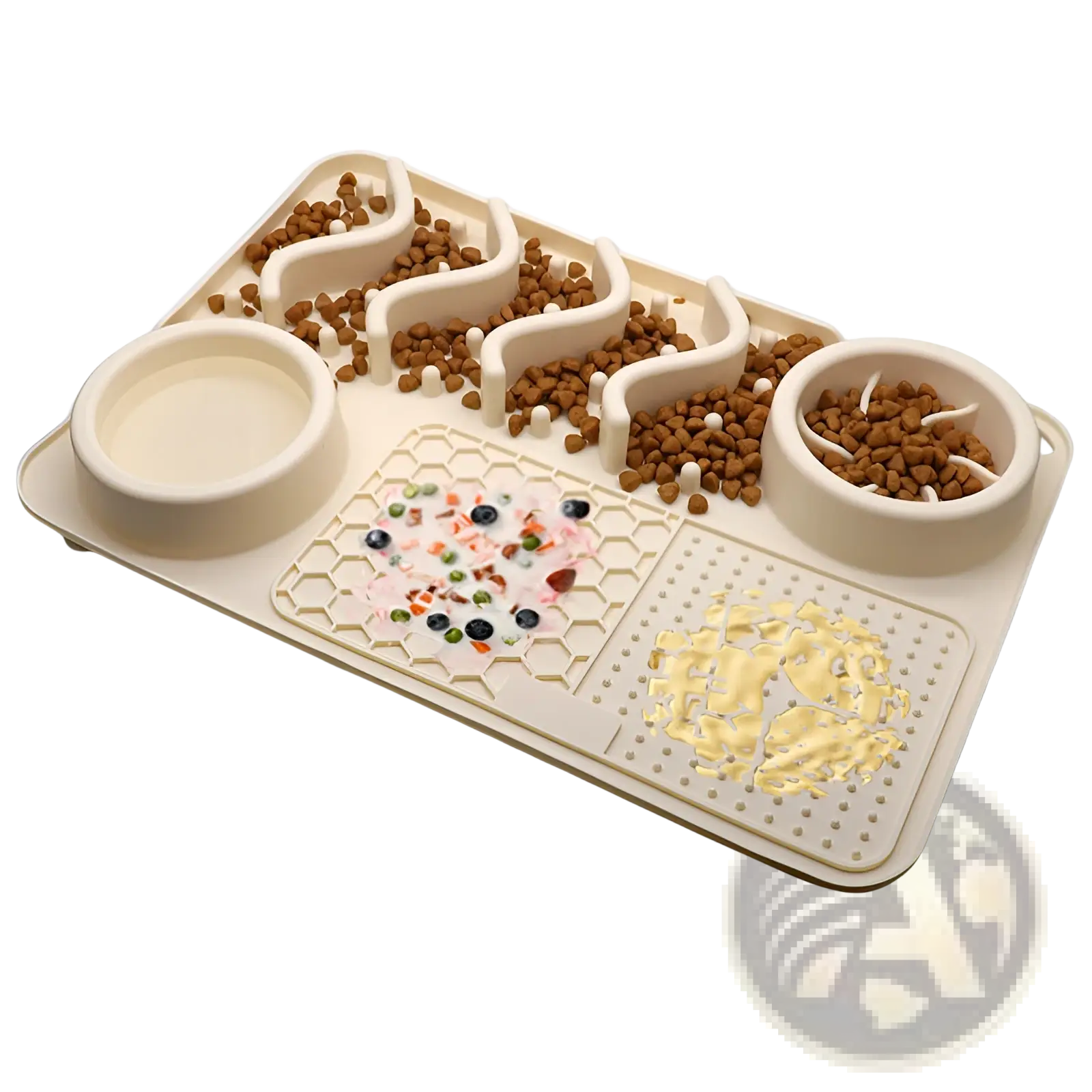 Cream-colored plastic dog slow feeder tray with multiple compartments for kibble water and treats feeding pets