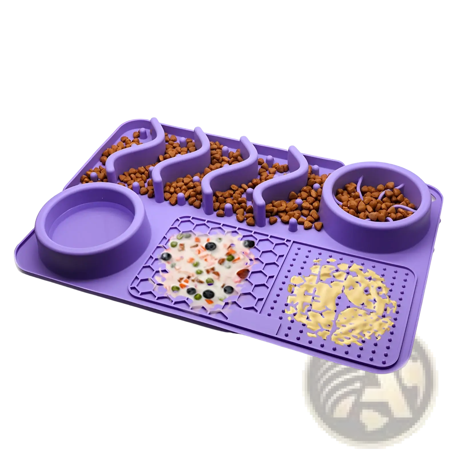 Purple silicone dog slow feeder licking mat with multiple compartments for kibble wet food and water feeding