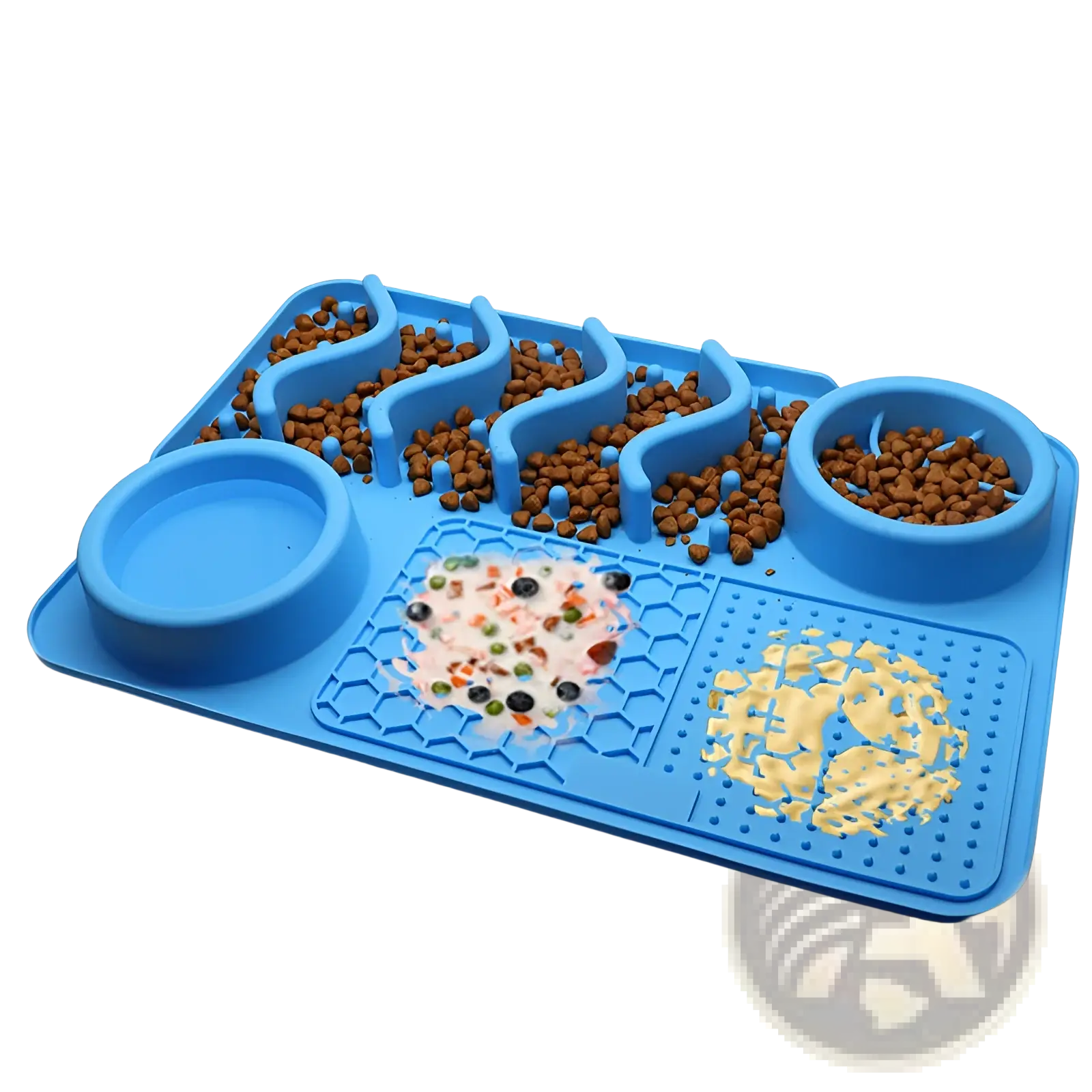 Blue silicone dog slow feeder licking mat with multiple compartments for kibble and wet food feeding