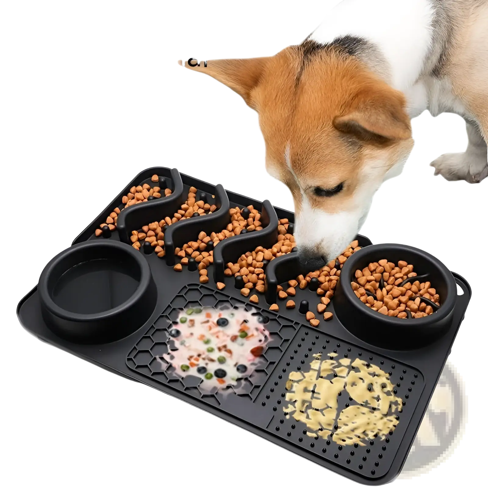 Black silicone multifunctional dog slow feeder bowl with segmented channels for water wet food and dry kibble