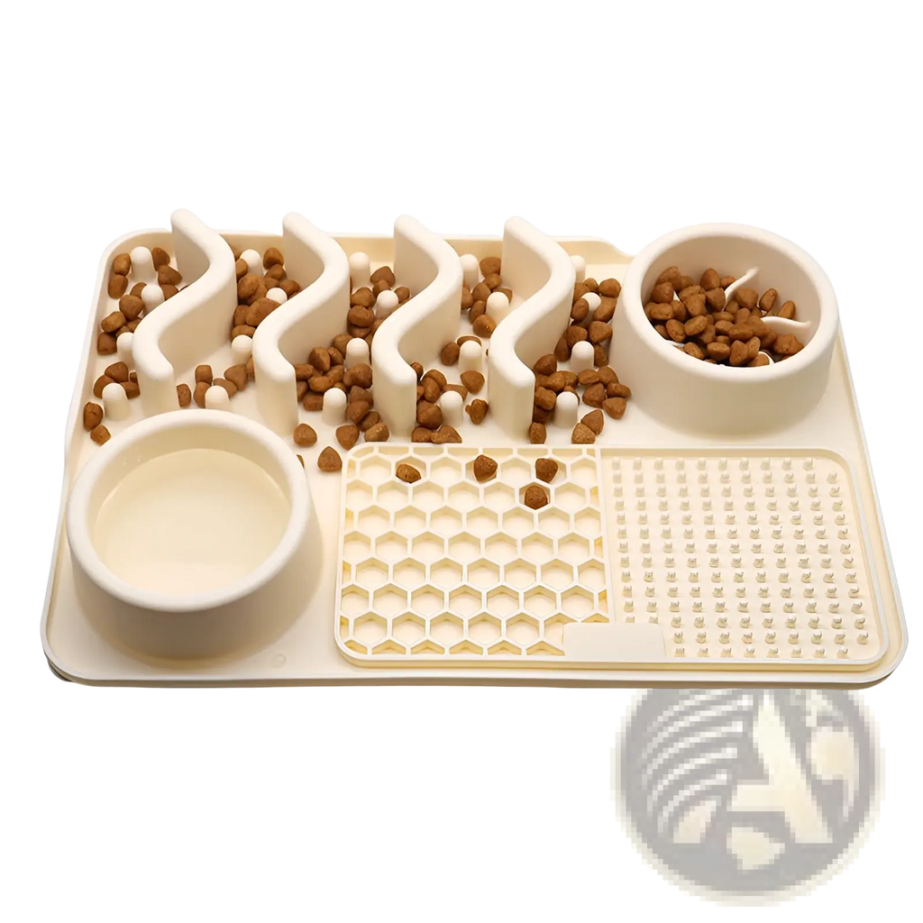 Cream-colored silicone dog slow feeder licking mat with maze design two bowls and textured honeycomb and grid patterns