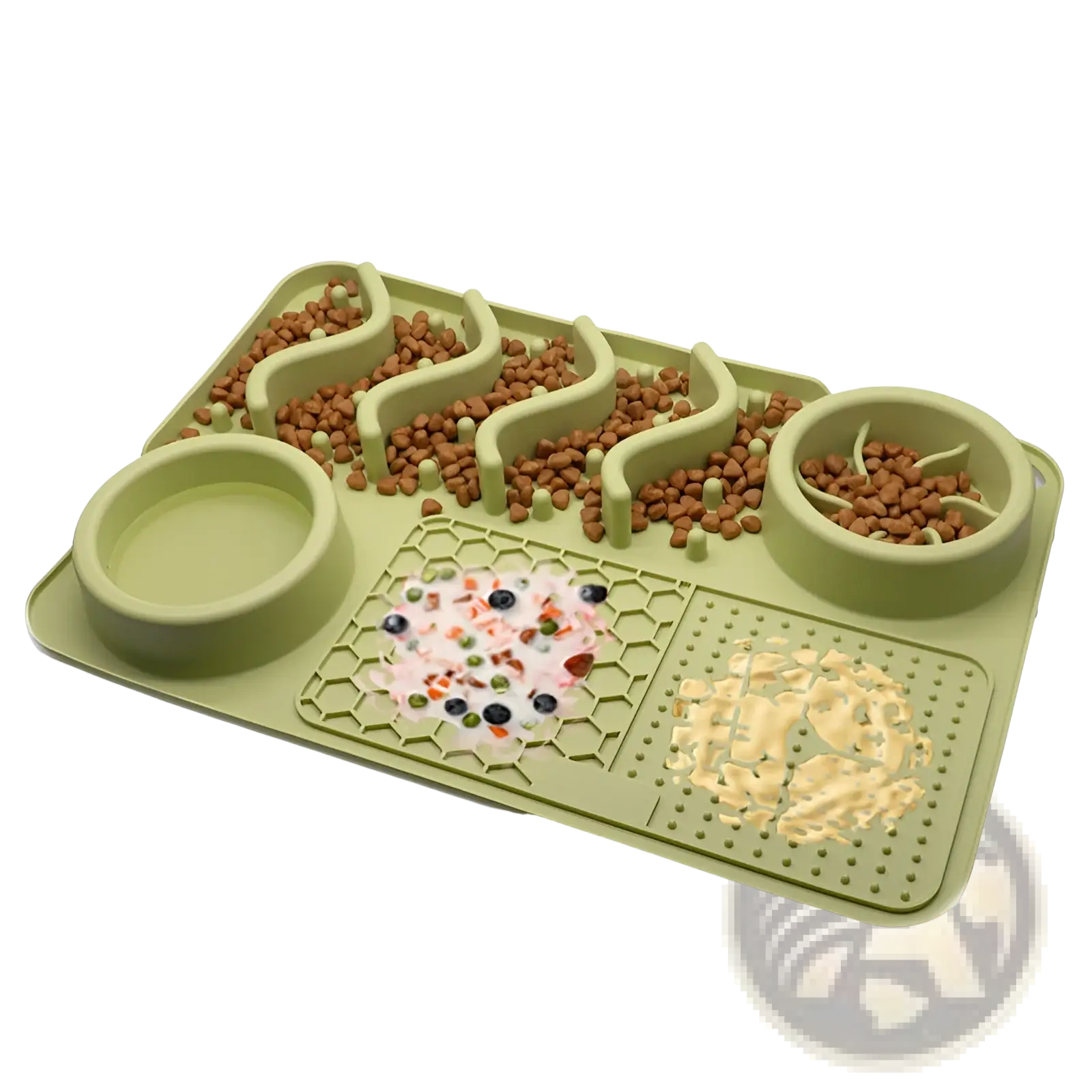Light green silicone dog slow feeder licking mat with multiple compartments for kibble wet food and water