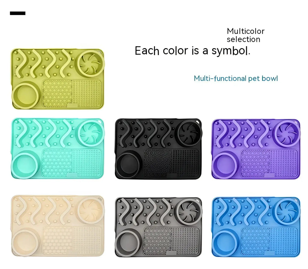 Multicolor silicone dog slow feeder licking mat with textured surfaces and integrated feeding compartments for pets