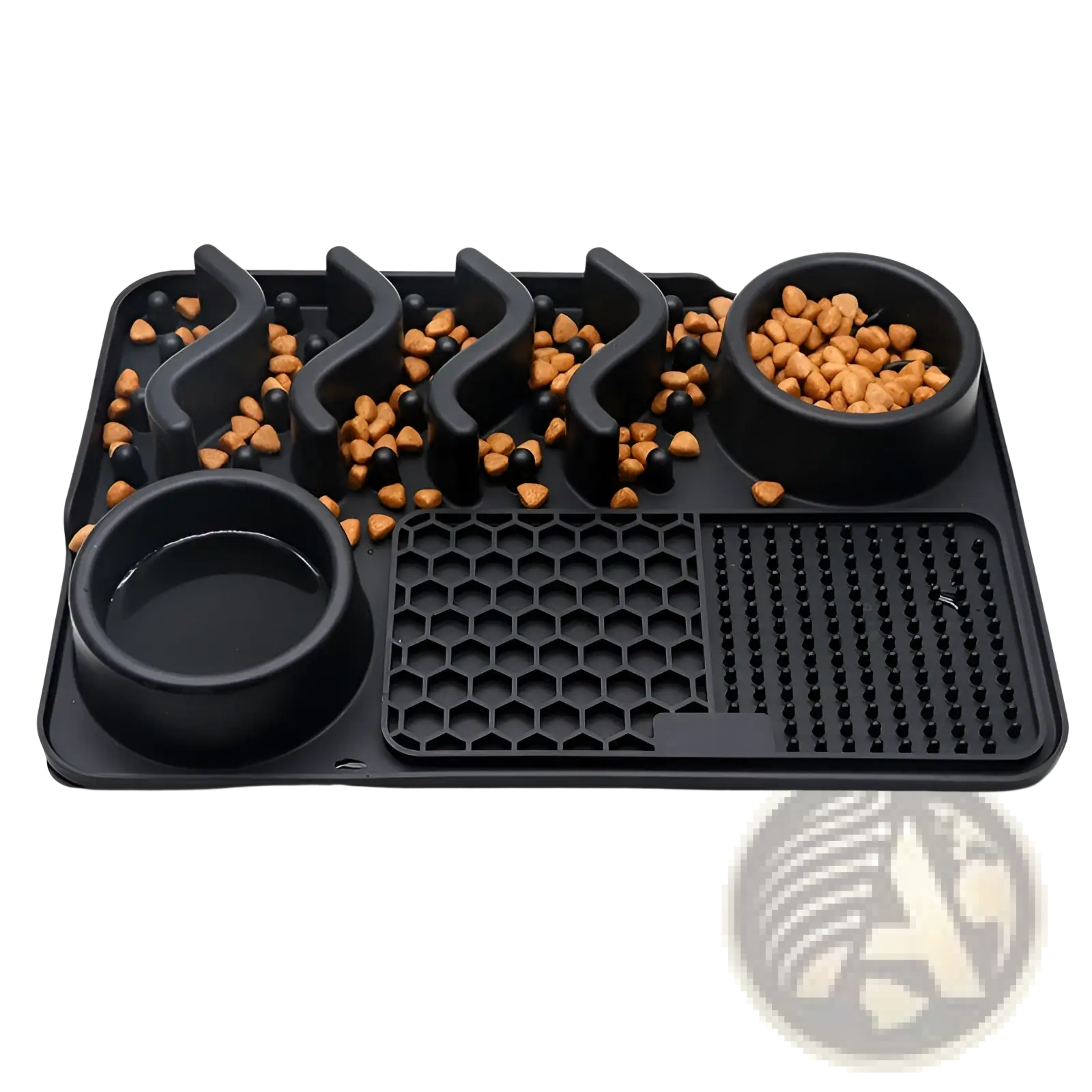Black silicone dog slow feeder licking mat with built-in bowls and maze-like food channels for pets