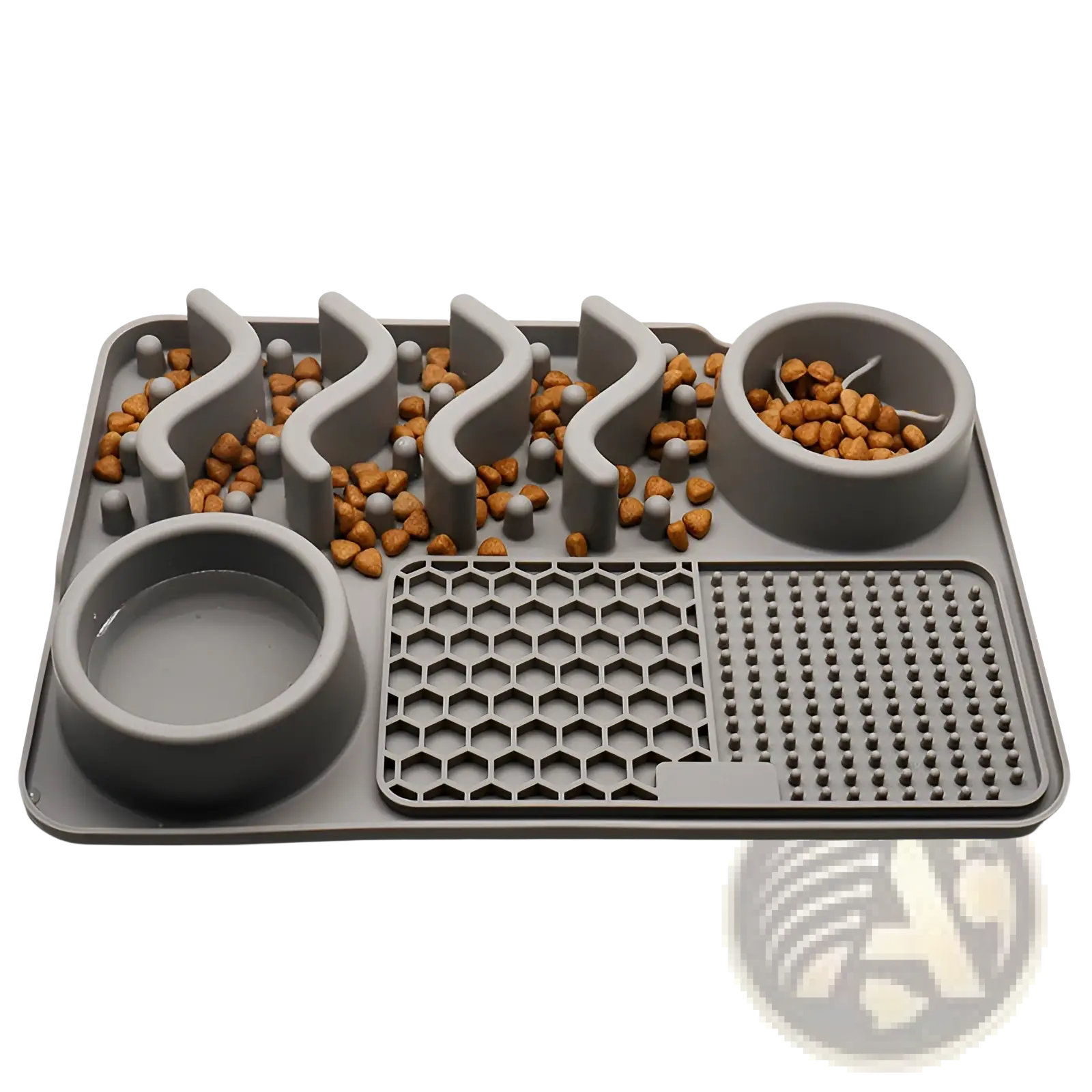 Gray silicone dog slow feeder licking mat with maze design and separate compartments for food and water
