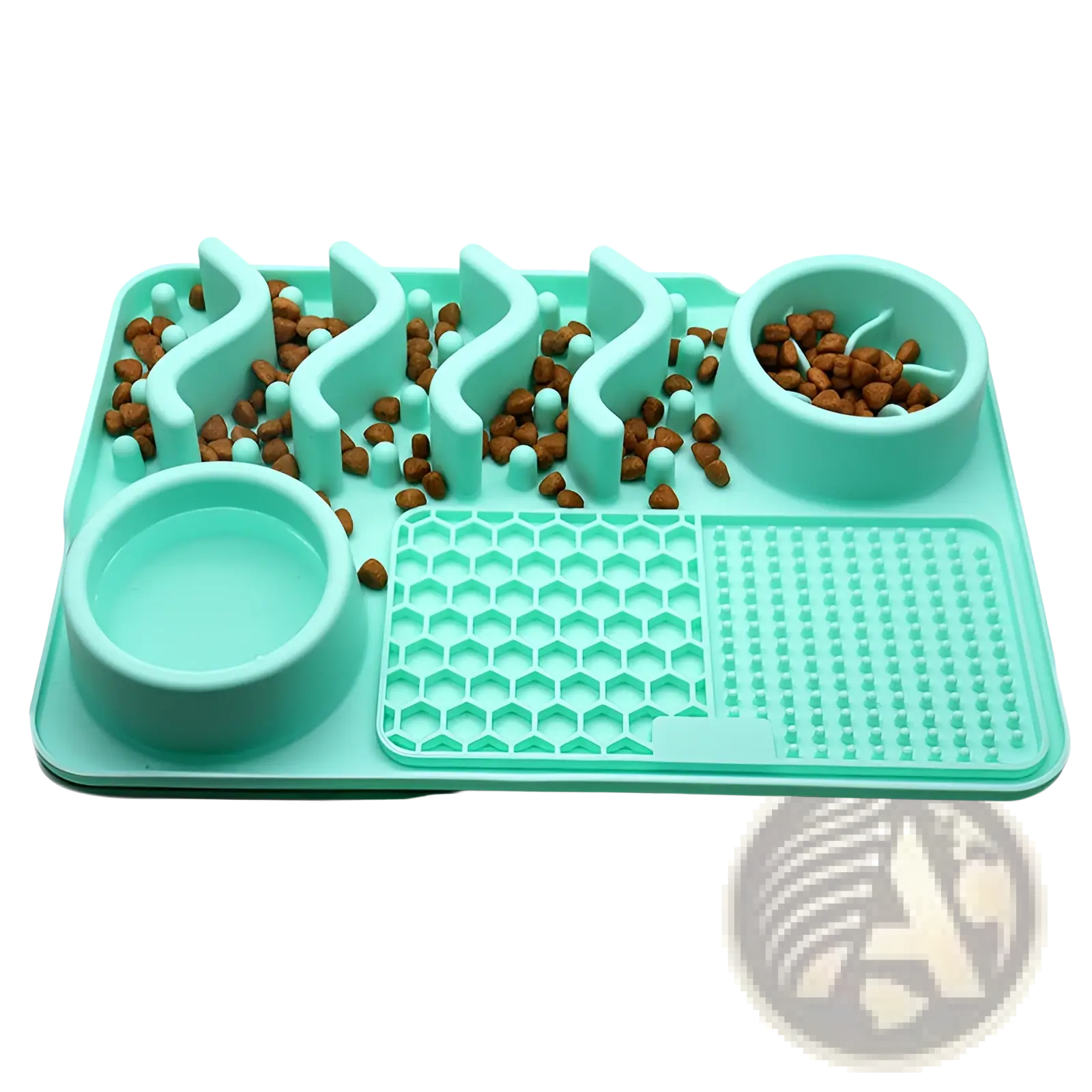 Mint green silicone dog slow feeder licking mat with multiple compartments including water bowl and puzzle food channels
