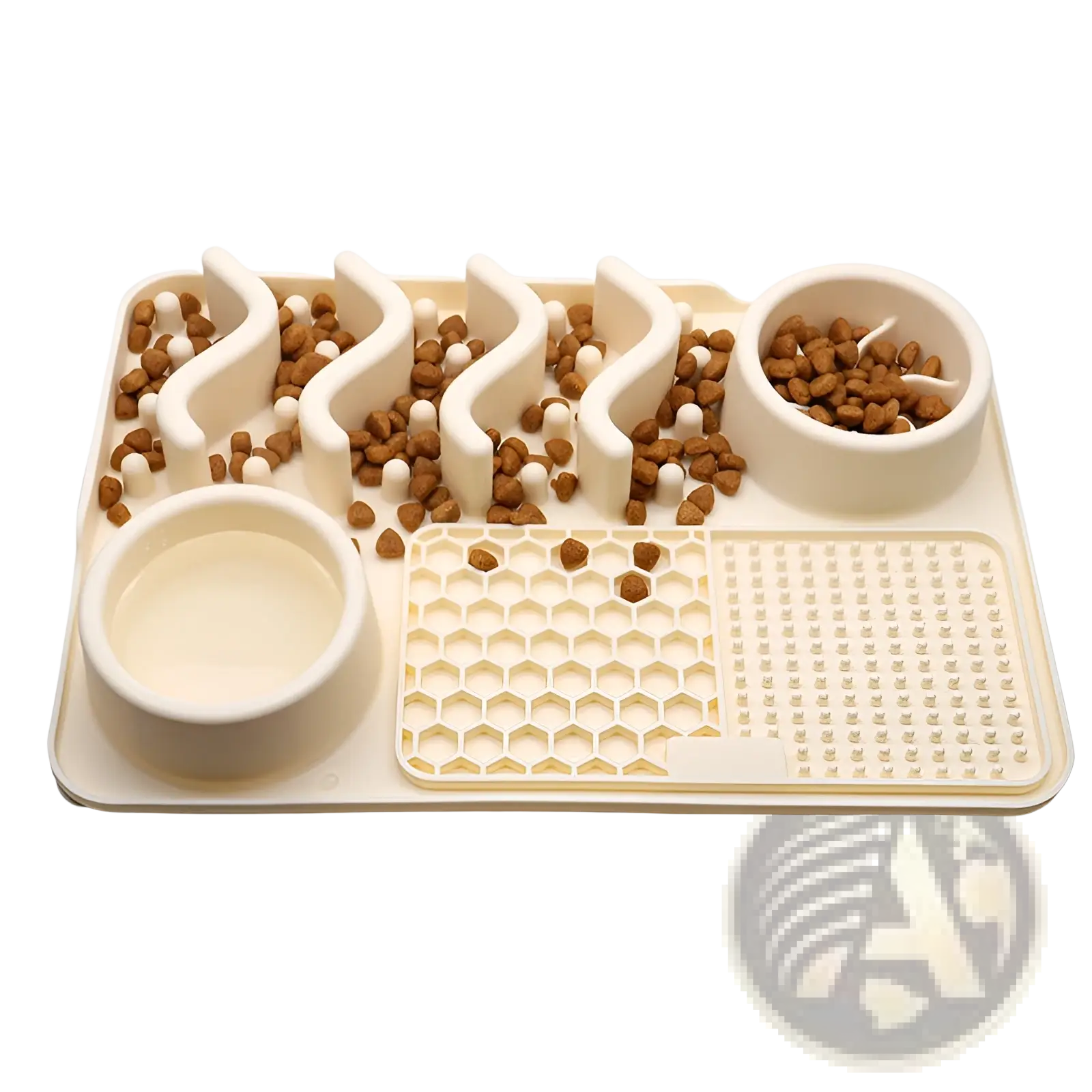 Cream-colored plastic dog slow feeder silicone licking mat with maze design two bowls and textured honeycomb grid sections