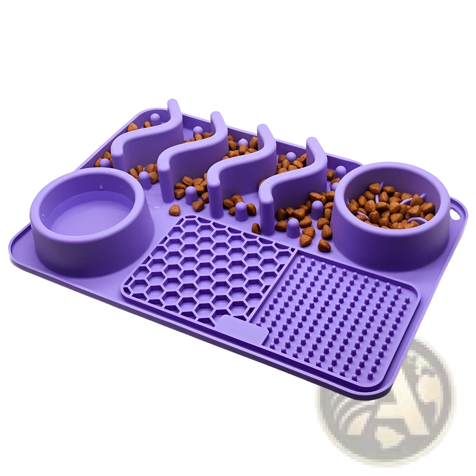 Purple silicone dog slow feeder licking mat with maze-like compartments and textured surfaces for pets