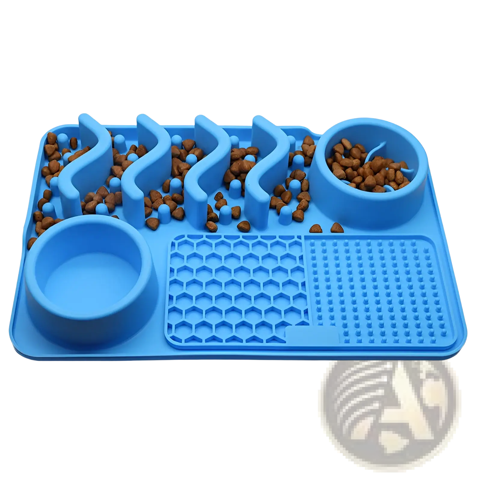 Blue silicone dog slow feeder licking mat with multiple compartments including water bowl and maze sections to slow eating
