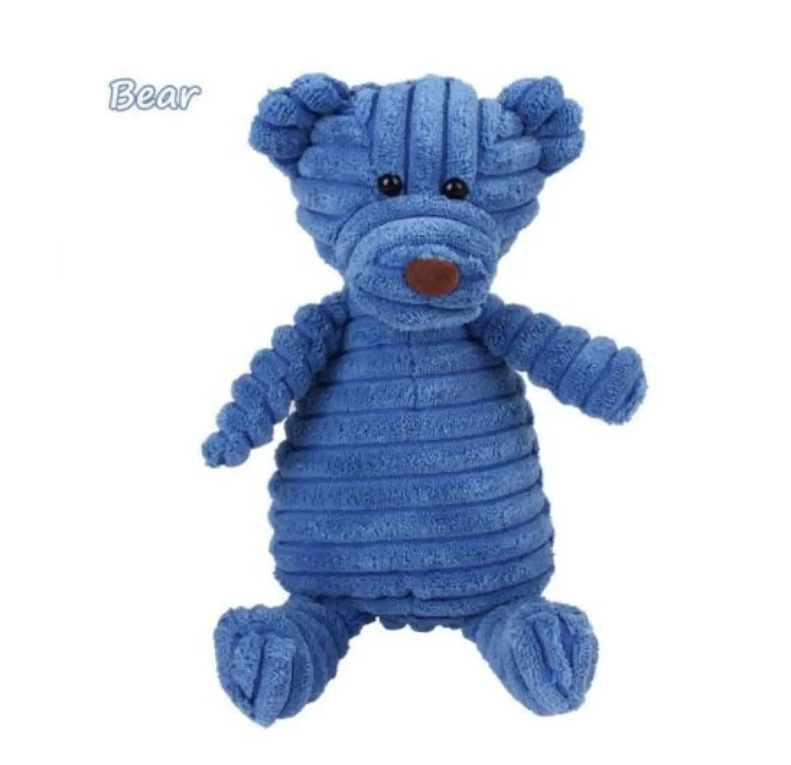 Blue corduroy bear dog squeaky toy with black eyes and brown nose made of plush for pet molar chewing