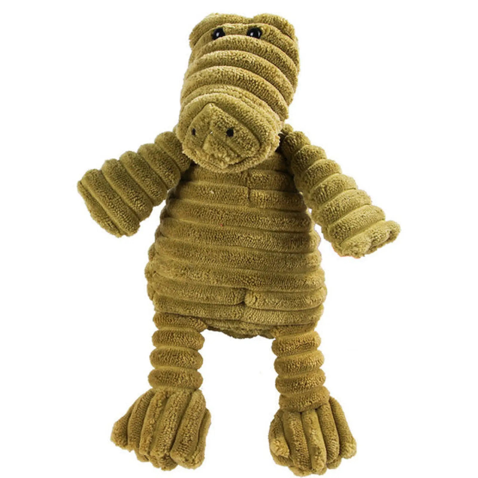 Olive green corduroy plush alligator dog squeaky toy with black button eyes and nose for pet molar chewing