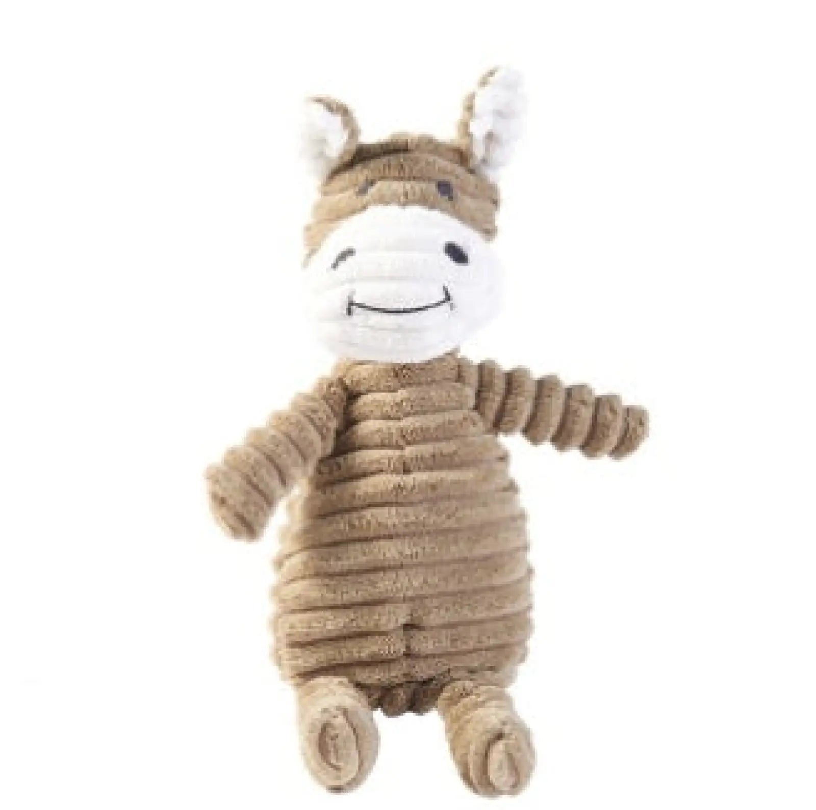 A plush corduroy textured dog squeaky toy shaped like a brown donkey with a white face for pets molar chewing