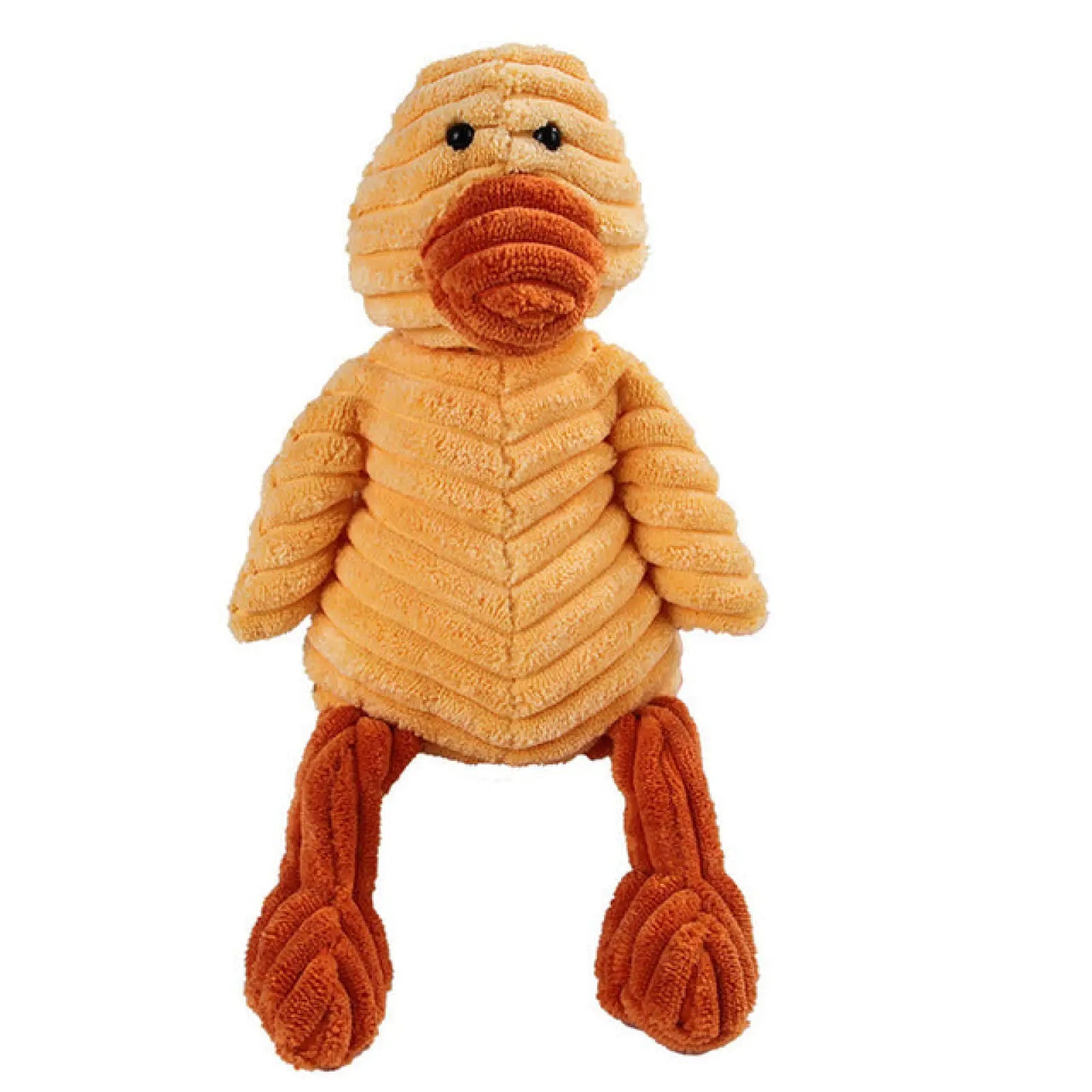 A plush orange duck dog squeaky toy with a textured corduroy body and reddish orange beak legs and feet