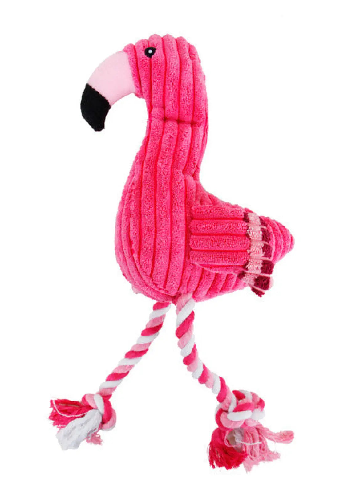 Pink corduroy flamingo dog squeaky toy with black beak and white and pink rope legs for molar plush play
