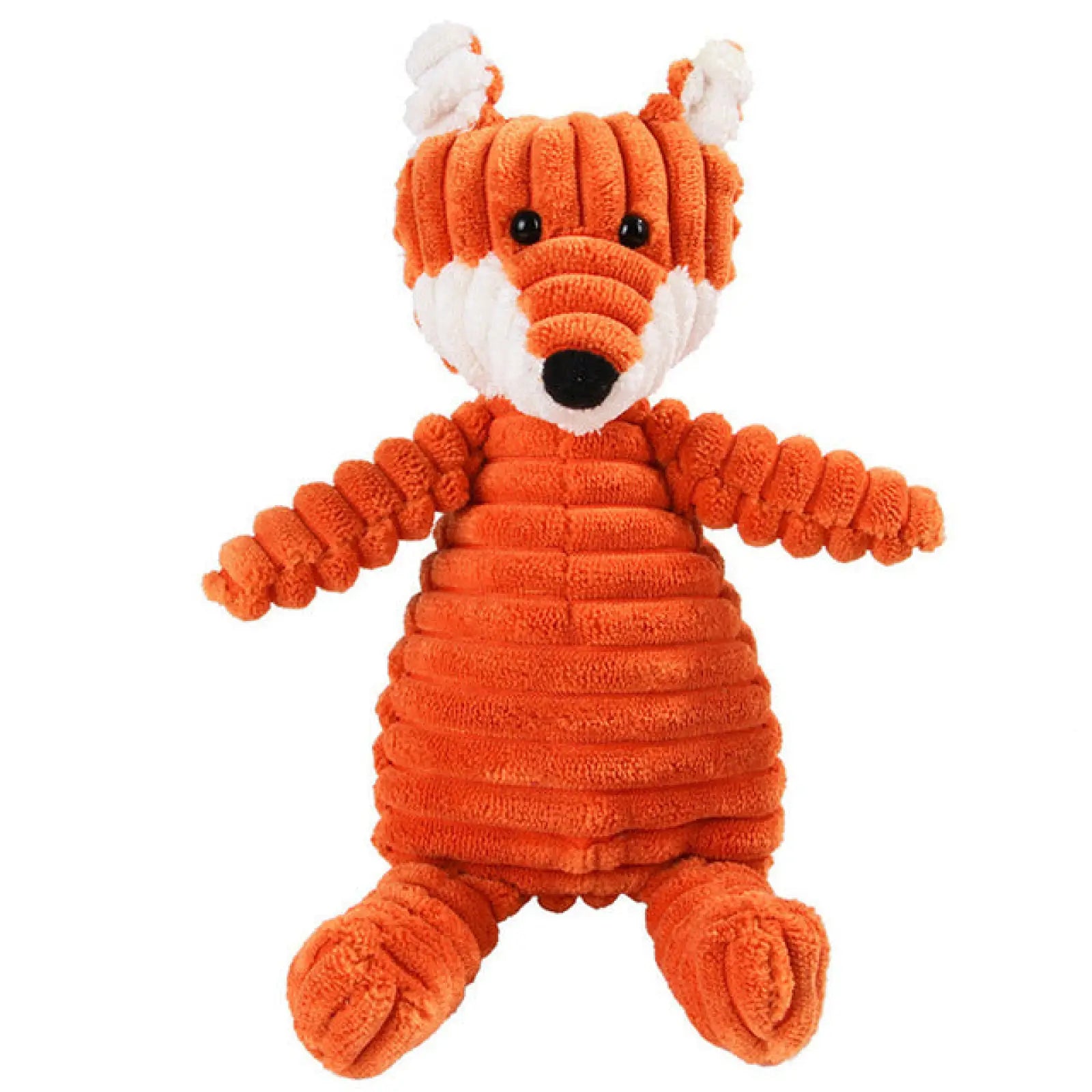 Orange corduroy fox plush dog squeaky toy with white face and ear accents designed for pet chewing