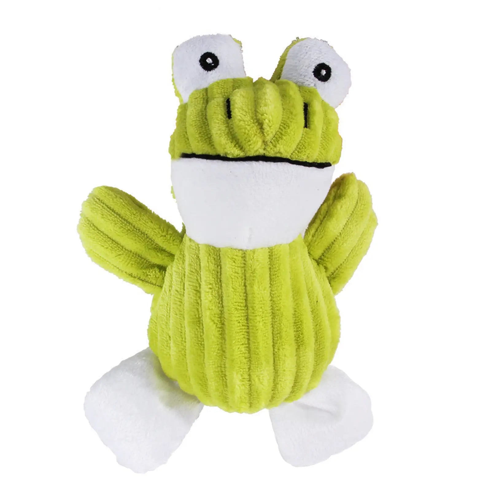 A lime green corduroy frog plush dog squeaky toy with white accents designed for pet molar chewing play