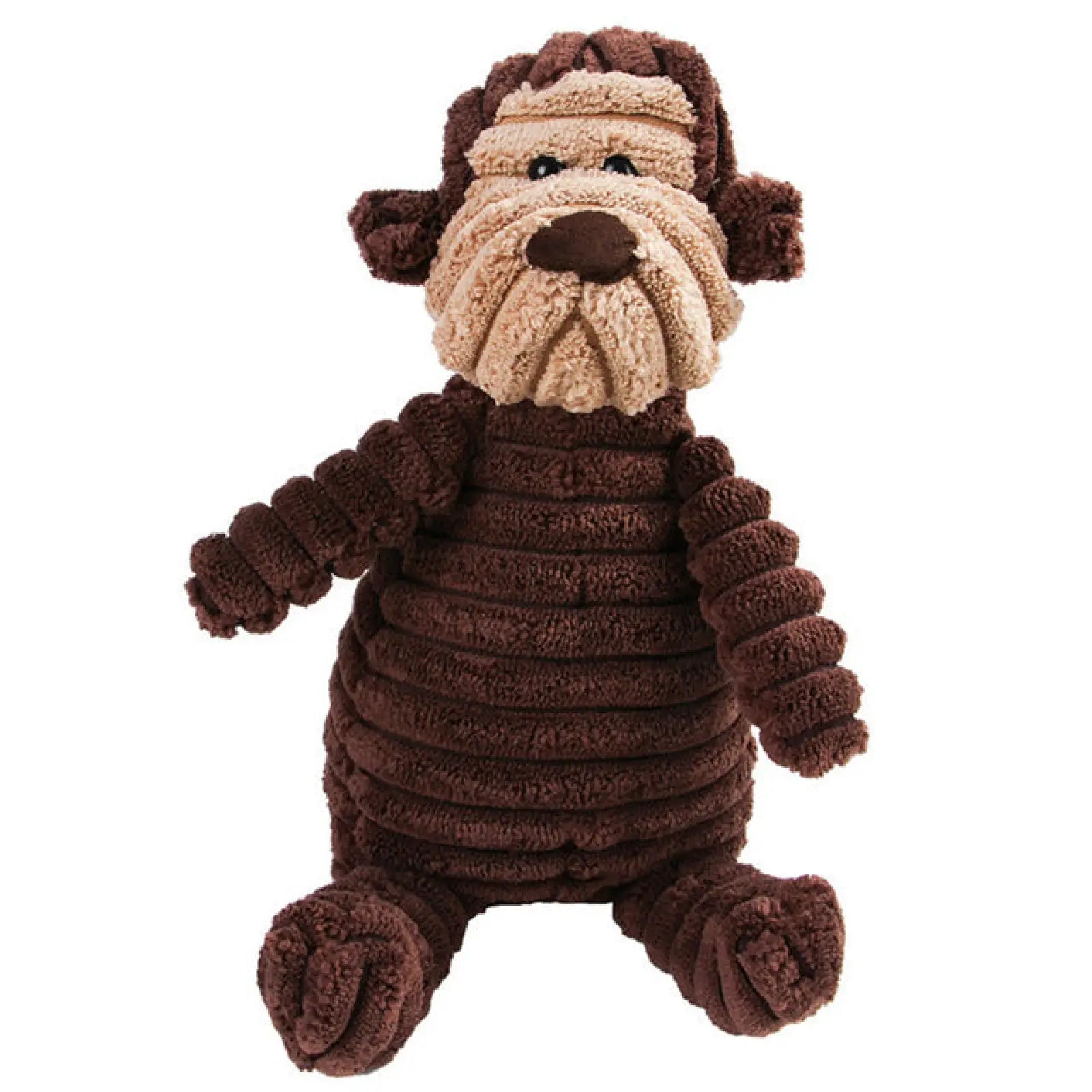 A plush brown corduroy monkey dog squeaky toy with beige face and stitched details for pet molar chewing