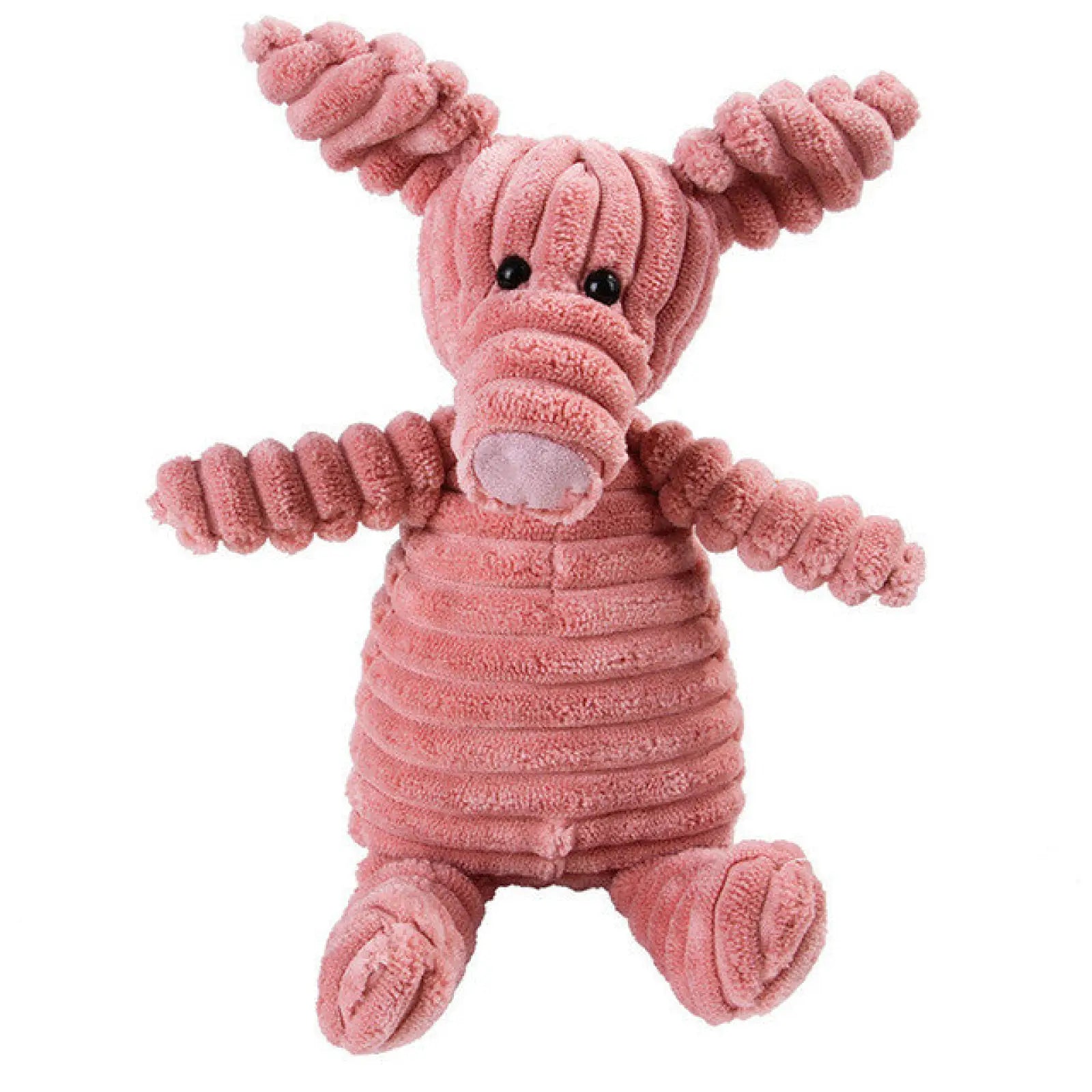 A soft pink corduroy pig plush dog squeaky toy with black button eyes and a light purple snout for pets