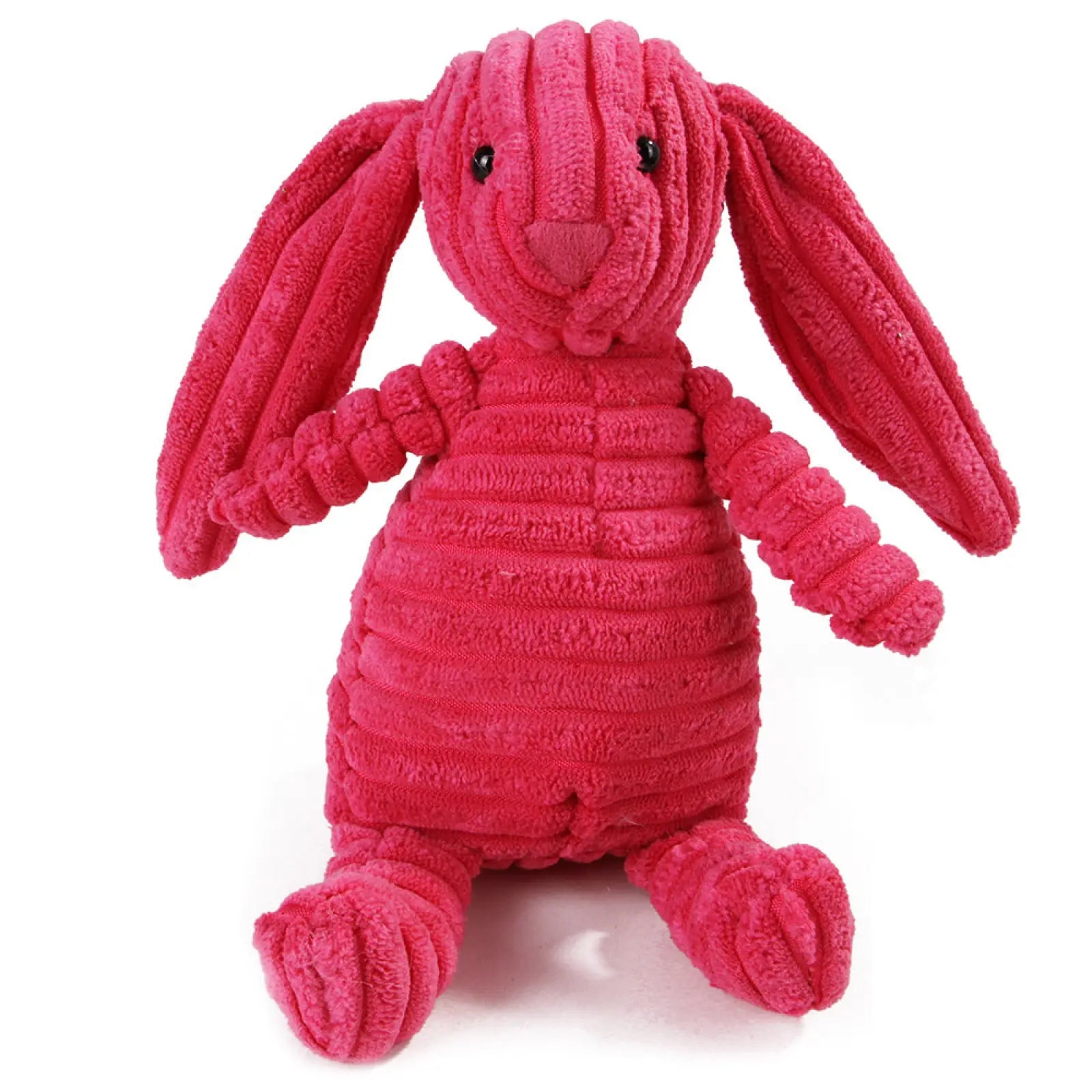 A plush pink corduroy bunny dog squeaky toy with black button eyes and textured ridged fabric for pets