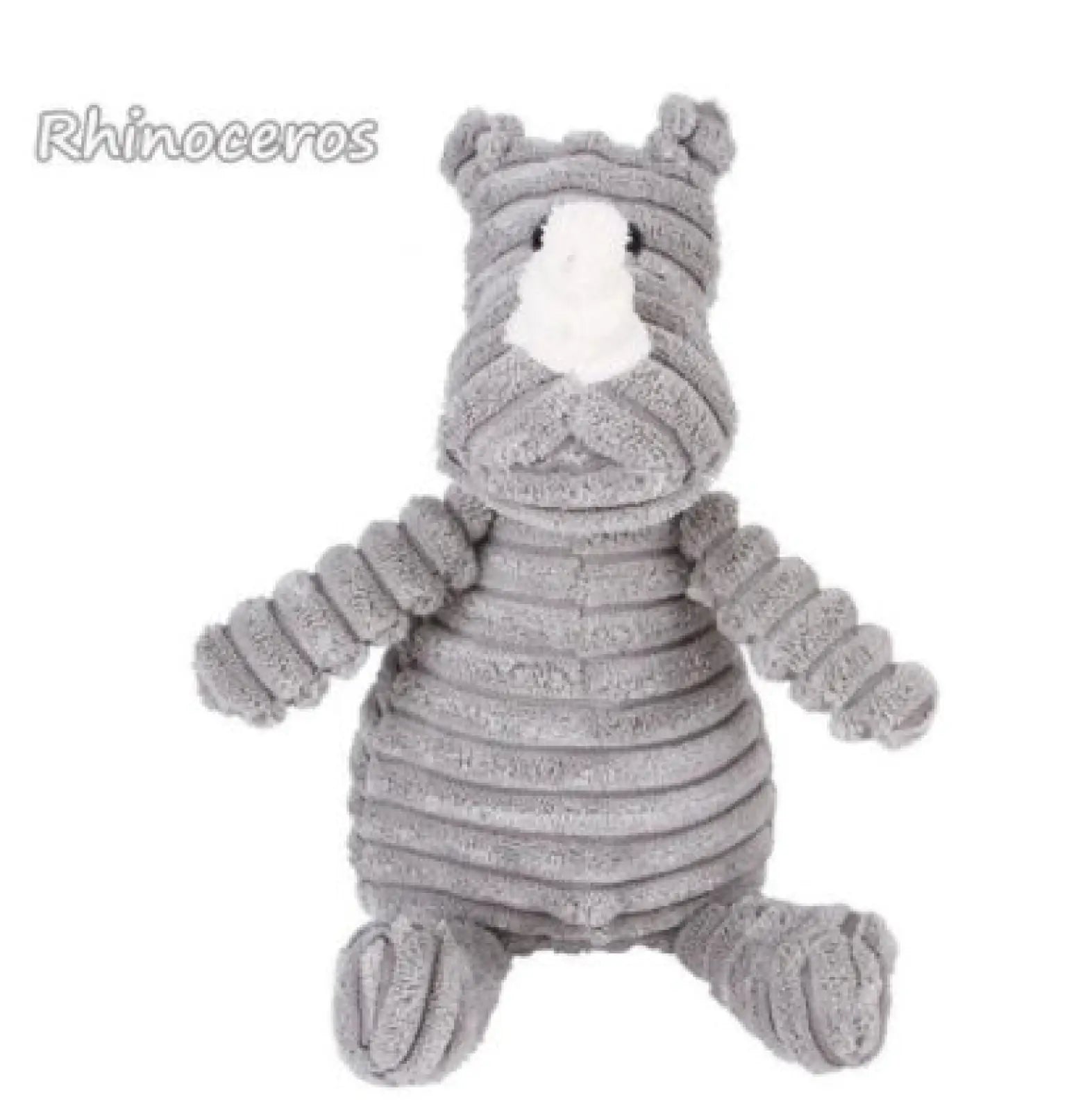 Gray corduroy rhinoceros plush dog squeaky toy with white snout and black eyes for pet molar chewing