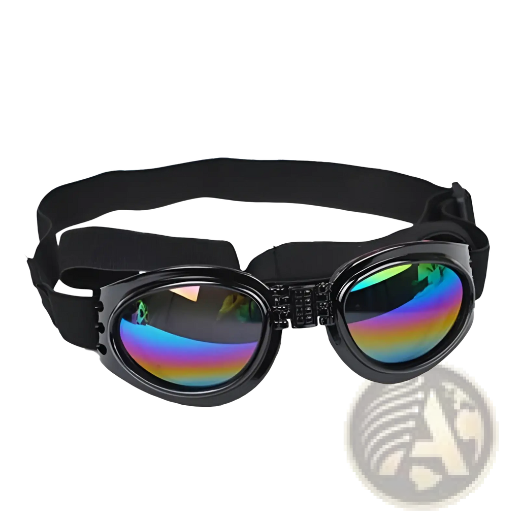 Black dog sunglasses with reflective rainbow lenses uv protection foldable pet goggles with flexible elastic strap medium size