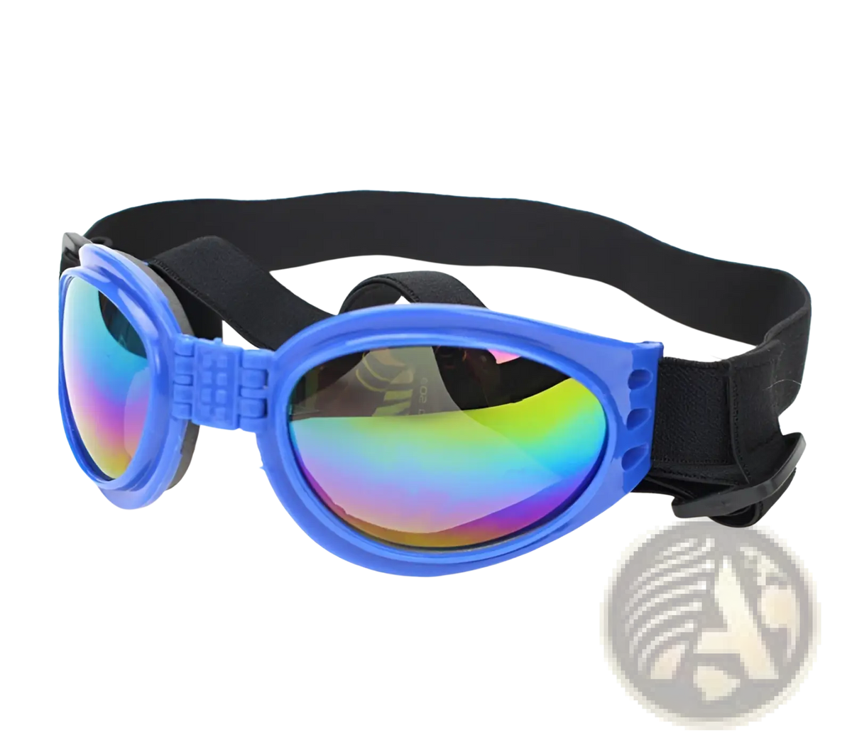 Blue plastic dog sunglasses with uv protection, reflective rainbow lenses, and black adjustable strap for medium pets