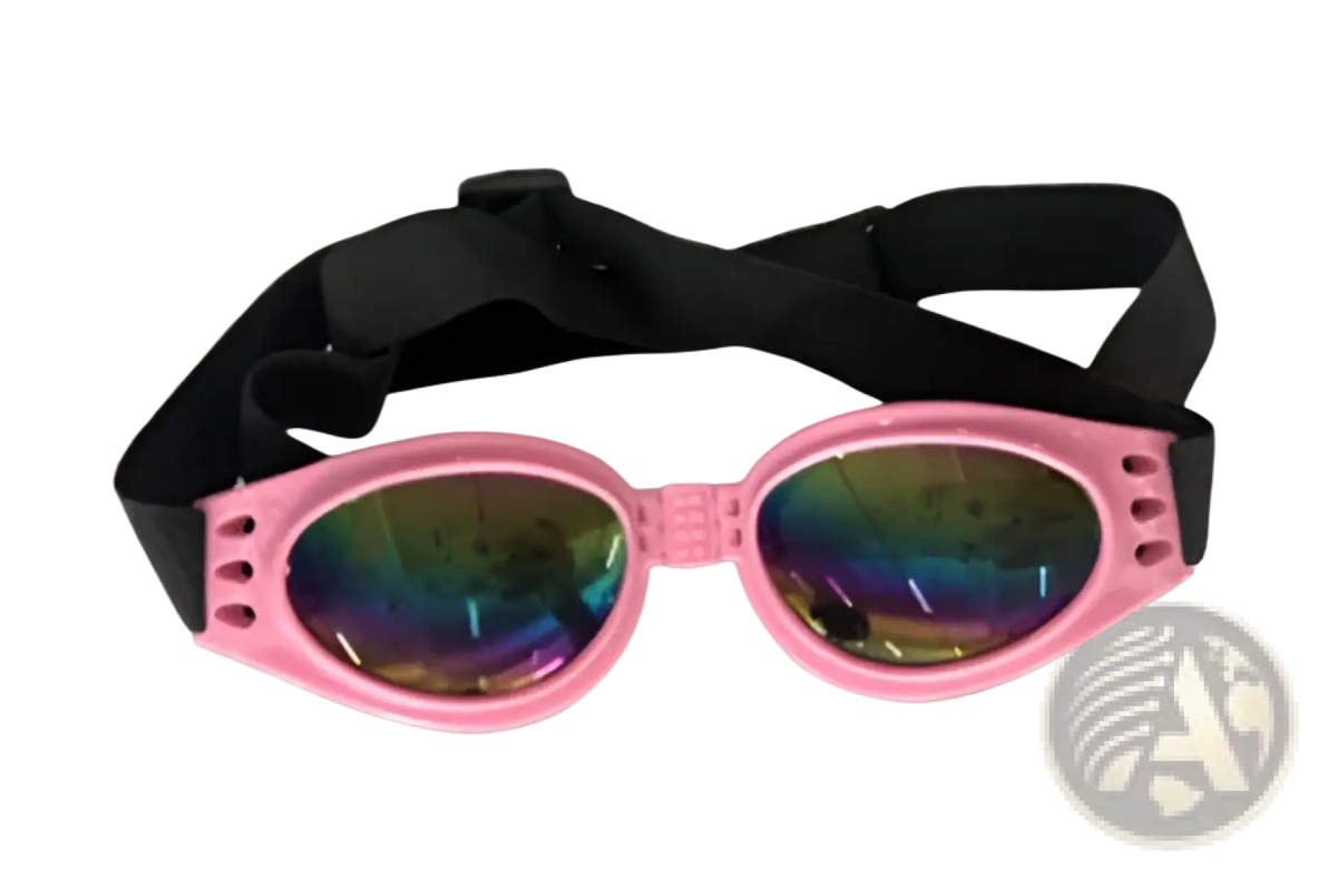 Pink plastic dog sunglasses with uv protection foldable rainbow lenses and black adjustable strap medium size