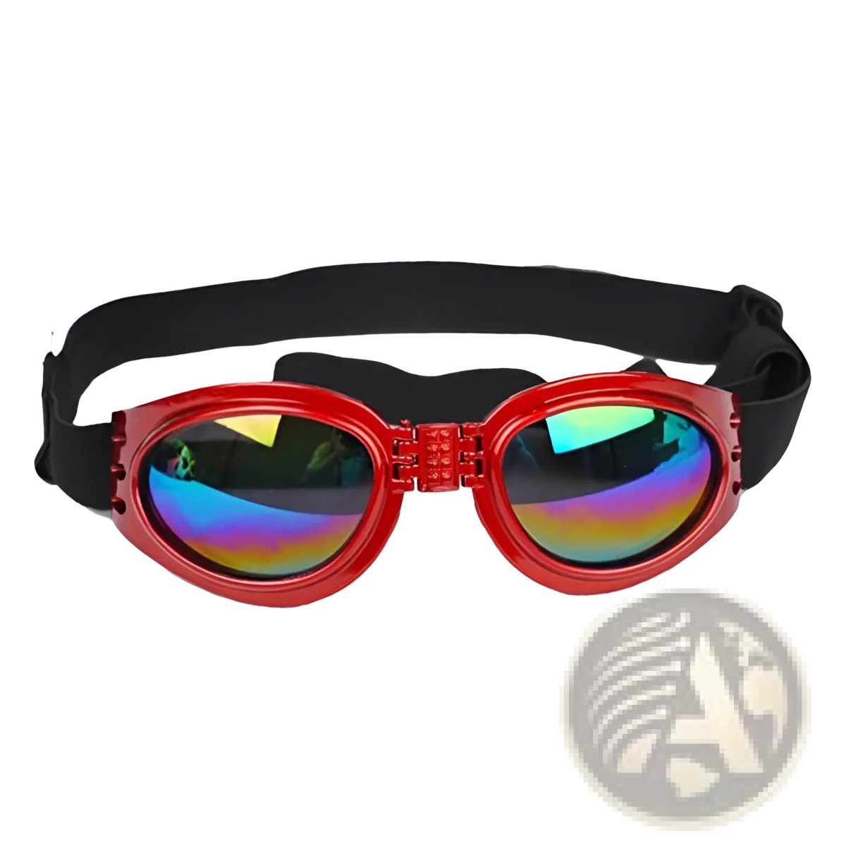 Red plastic dog sunglasses with uv protection foldable iridescent rainbow lenses and black adjustable strap medium size