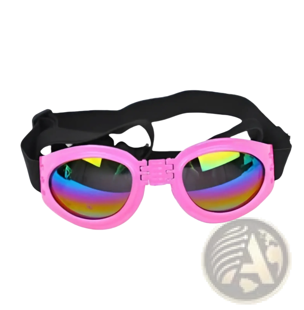 Dog sunglasses uv protection foldable pet goggles medium with pink frame rainbow reflective lenses and black adjustable strap