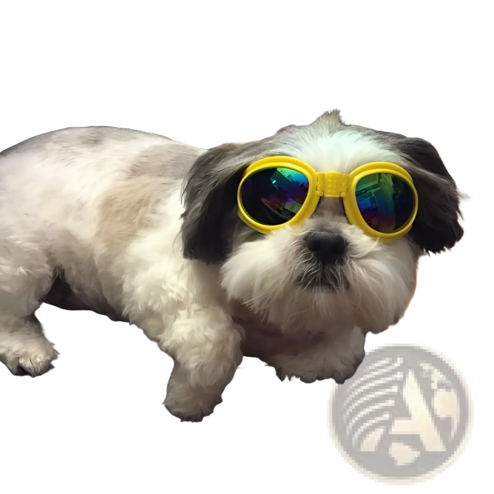 A fluffy white and black shih tzu wearing bright yellow foldable dog sunglasses with uv protection and reflective lenses
