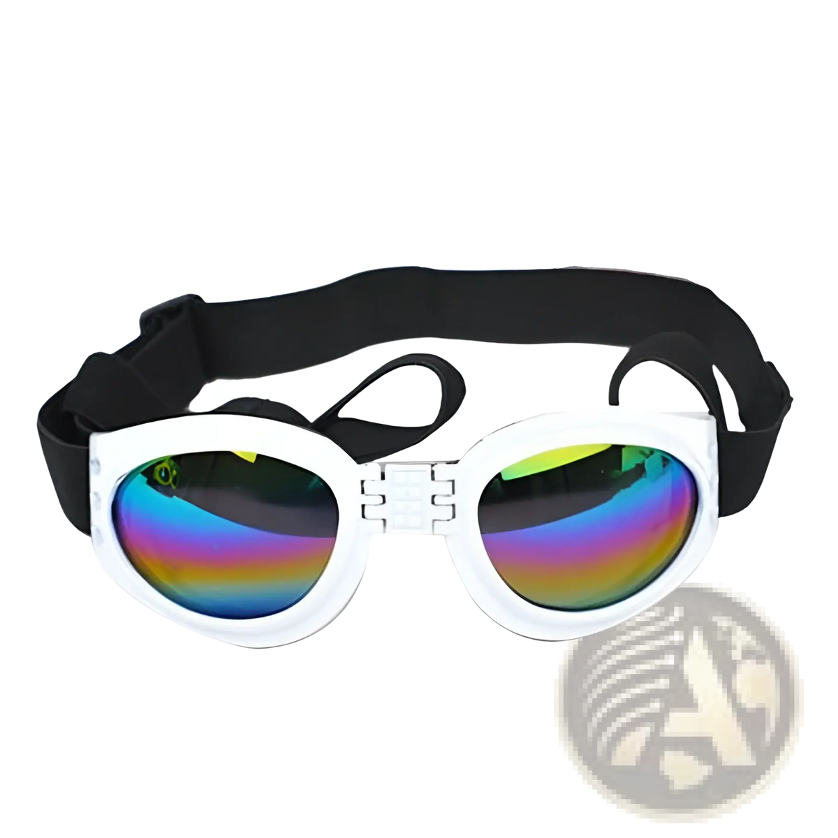 Dog sunglasses uv protection foldable pet goggles with white frame, iridescent rainbow lenses, and black adjustable strap