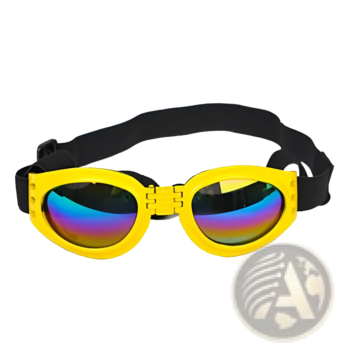 Bright yellow plastic dog sunglasses with uv protection foldable design iridescent lenses and black adjustable strap